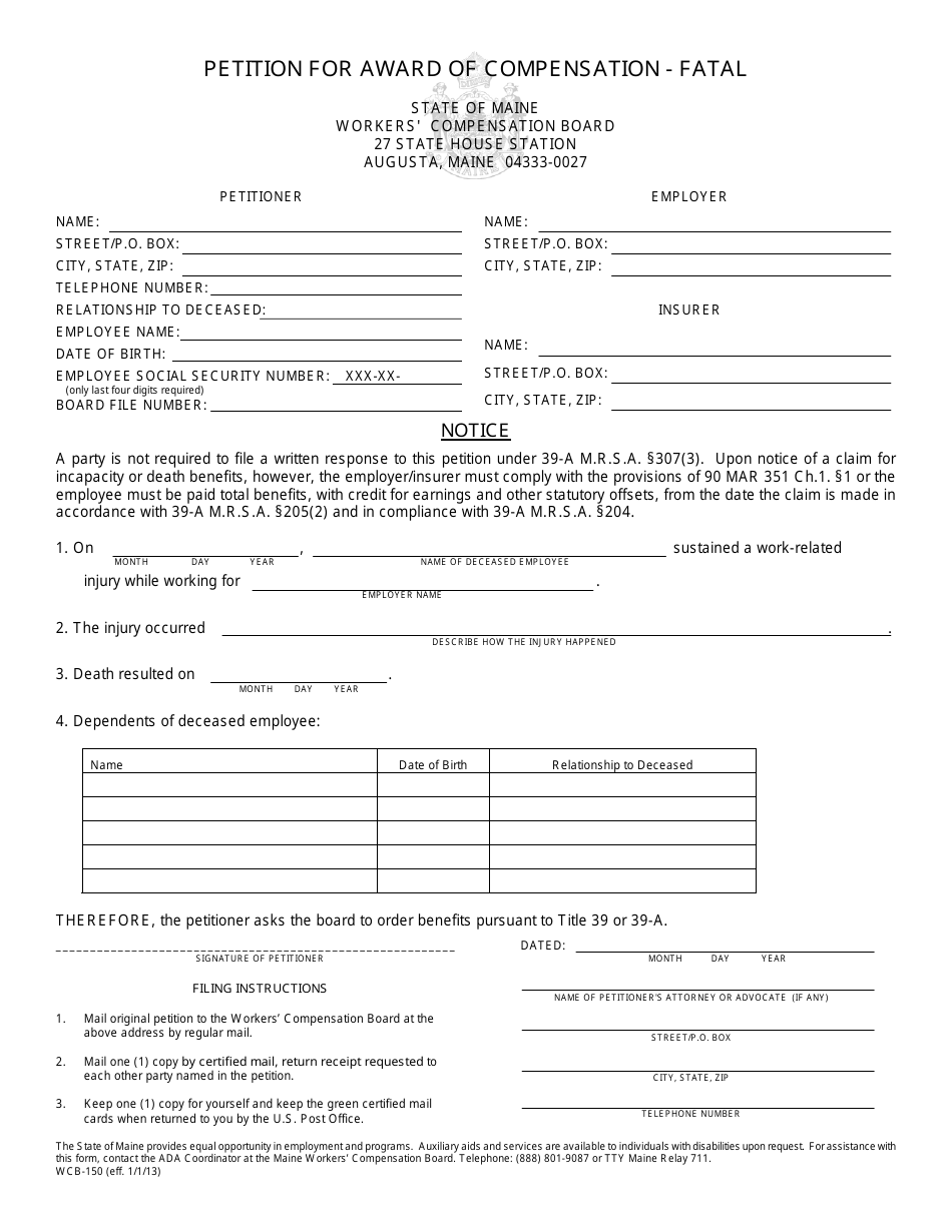 Form WCB-150 Petition for Award of Compensation - Fatal - Maine, Page 1