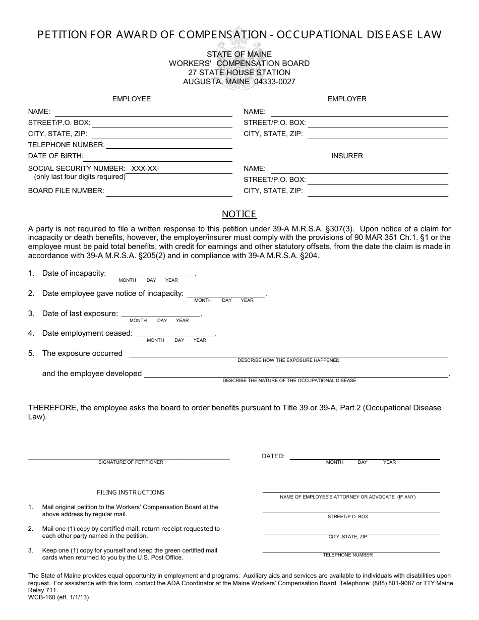 Form WCB-160 - Fill Out, Sign Online and Download Fillable PDF, Maine ...