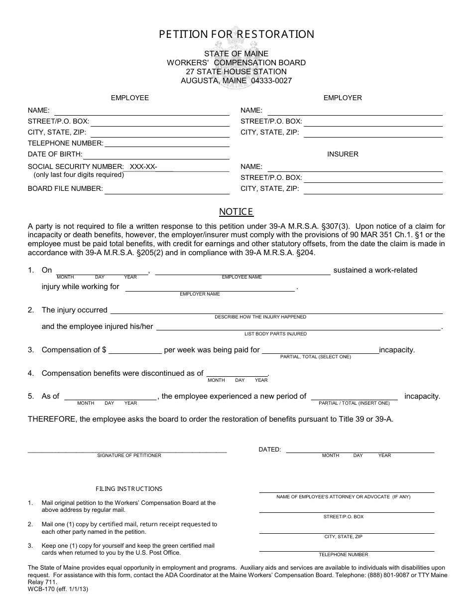 Form WCB-170 Petition for Restoration - Maine, Page 1