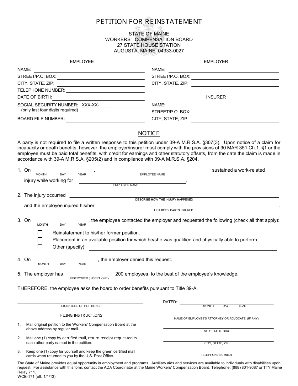 Form WCB-171 Petition for Reinstatement - Maine, Page 1