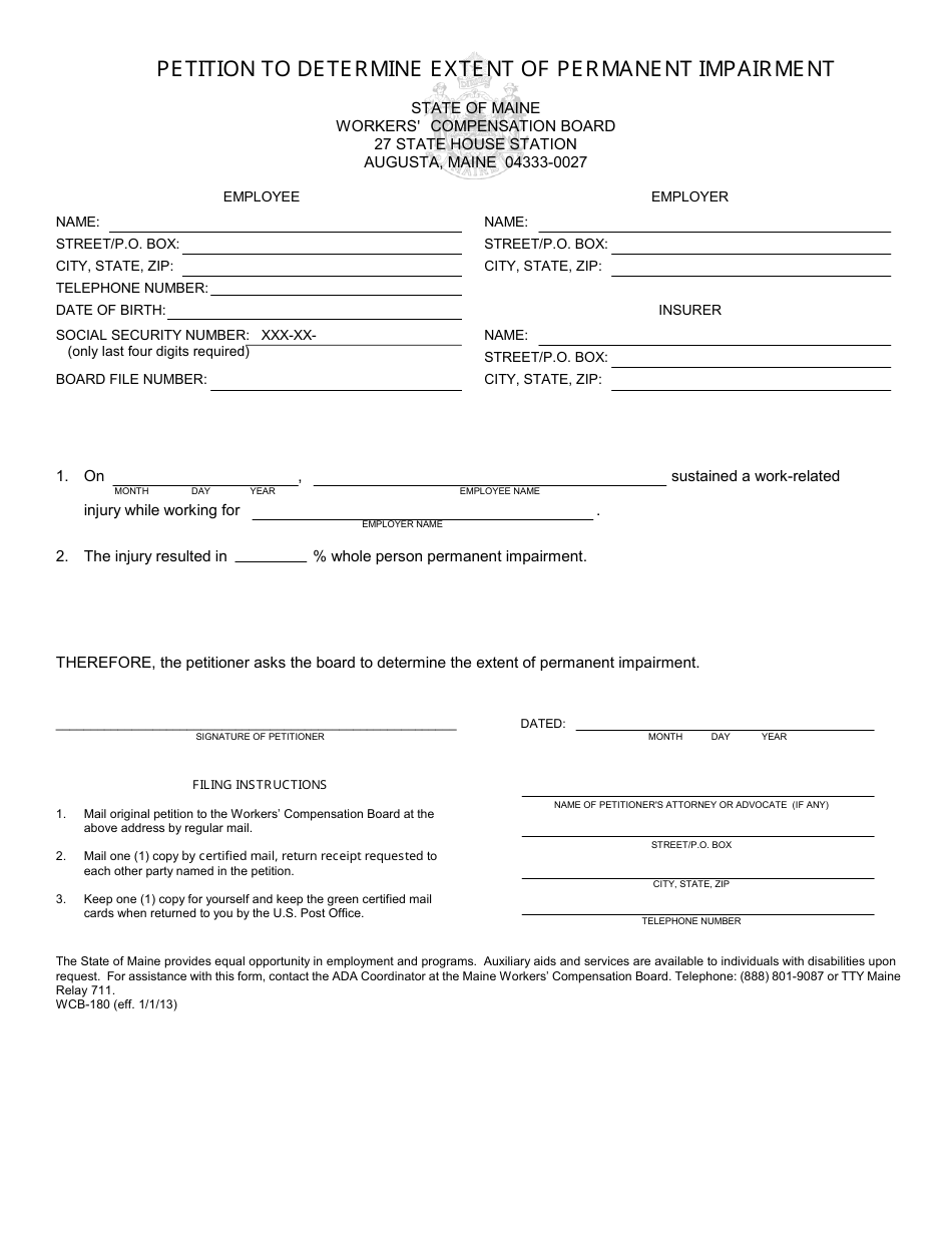 Form WCB-180 Petition to Determine Extent of Permanent Impairment - Maine, Page 1