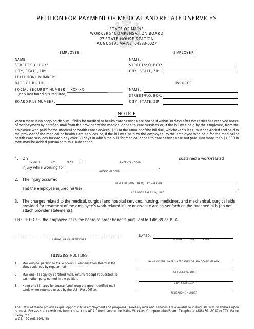Form WCB-190 Petition for Payment of Medical and Related Services - Maine