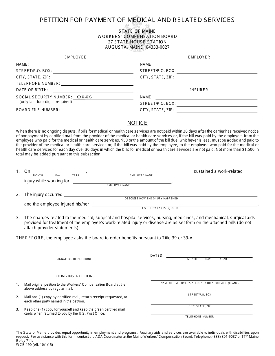 Form WCB-190 Petition for Payment of Medical and Related Services - Maine, Page 1
