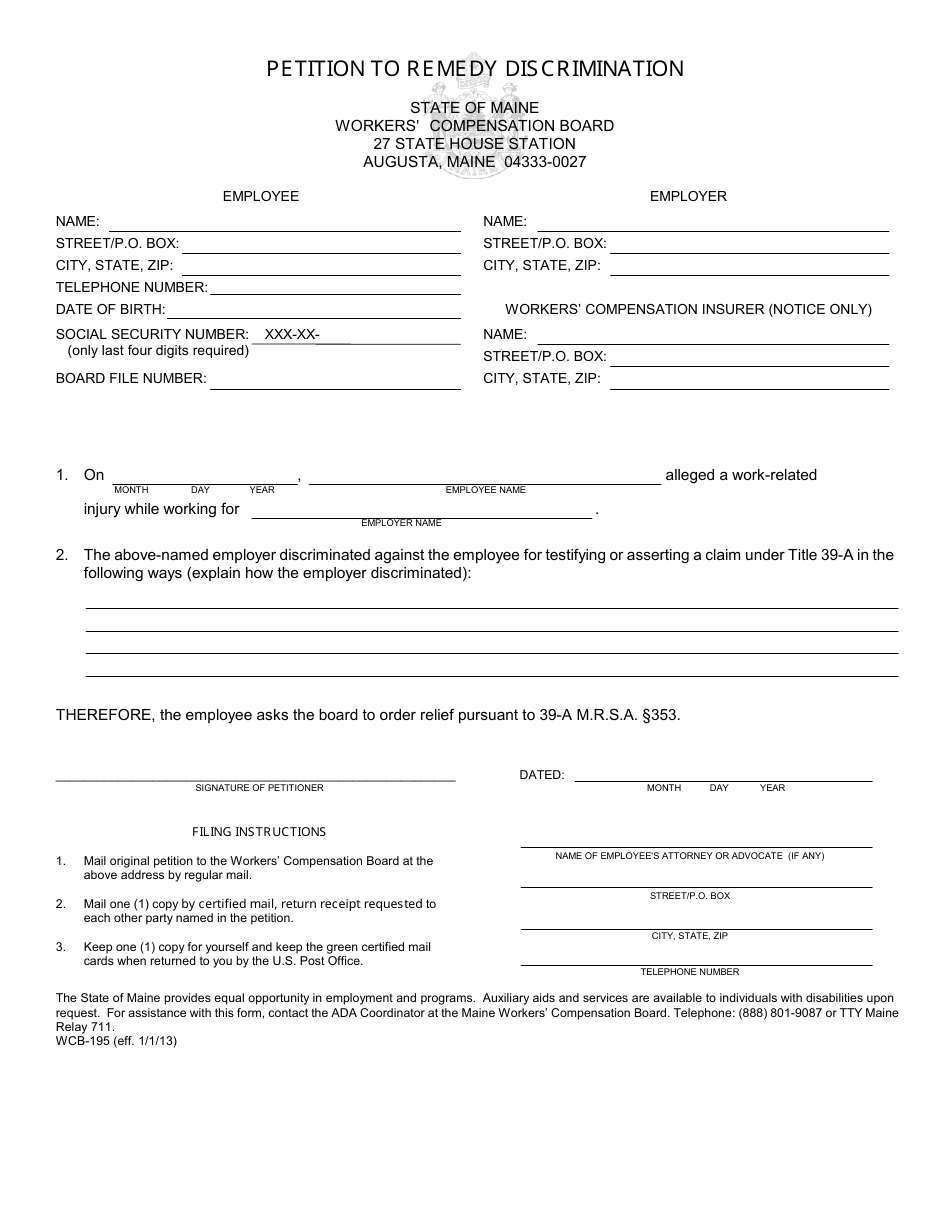 Form WCB-195 Petition to Remedy Discrimination - Maine, Page 1