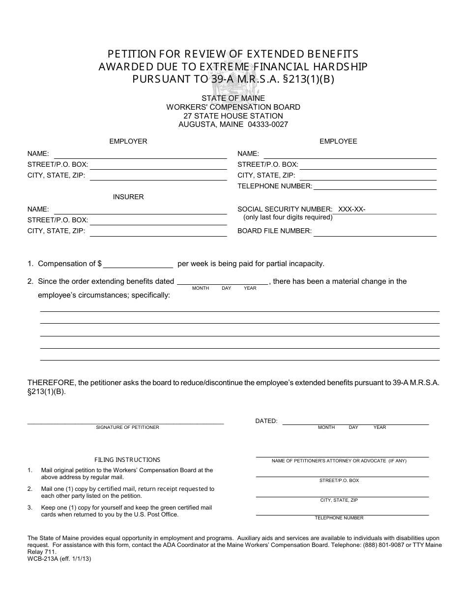 Form WCB-213A Petition for Review of Extended Benefits Awarded Due to Extreme Financial Hardship Pursuant to 39-a M.r.s.a. 213(1)(B) - Maine, Page 1