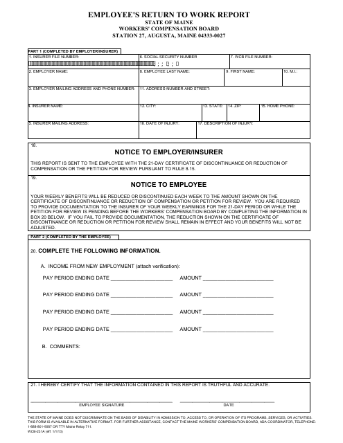 Form WCB-231A Employee's Return to Work Report - Maine