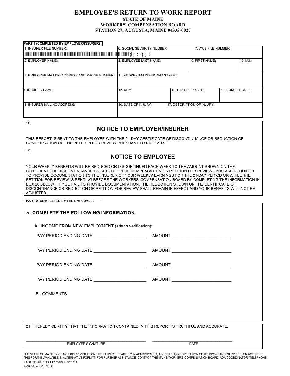Form WCB-231A Employee's Return to Work Report - Maine, Page 1