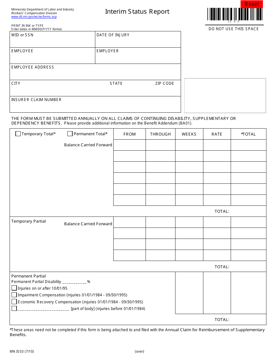 Form MN IS03 Interim Status Report - Minnesota, Page 1