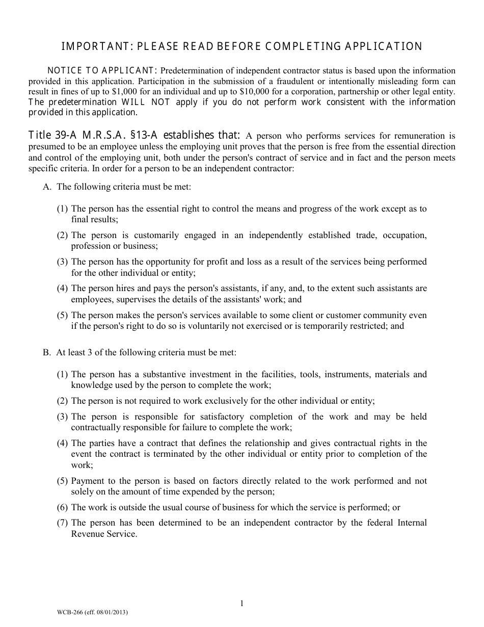 Form WCB-266 Application for Predetermination of Independent Contractor Status to Establish a Rebuttable Presumption - Maine, Page 1