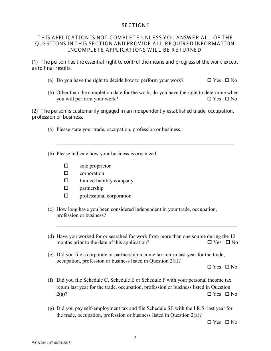 Form WCB-266 Application for Predetermination of Independent Contractor Status to Establish a Rebuttable Presumption - Maine, Page 3