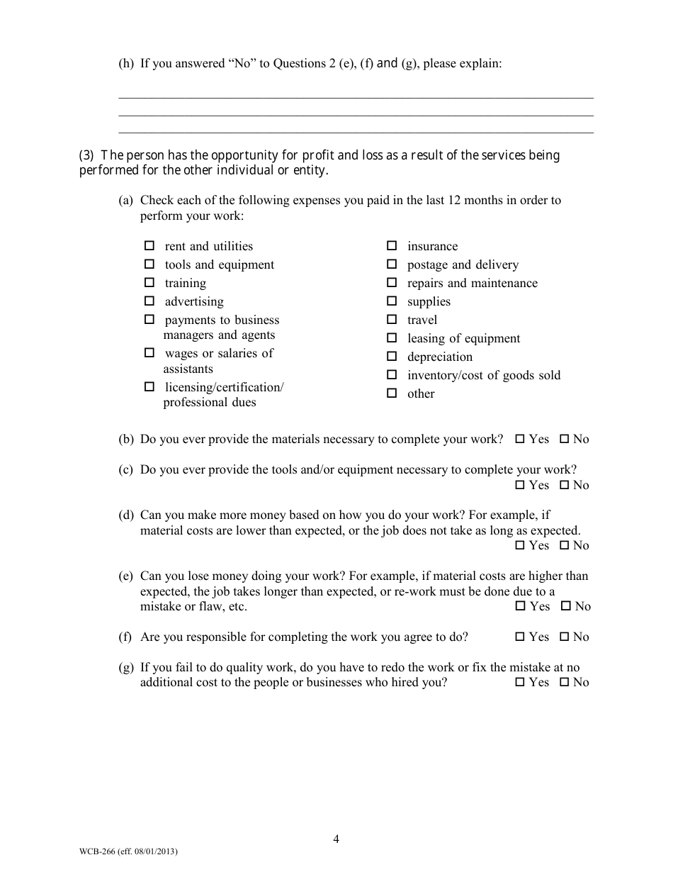 Form WCB-266 Application for Predetermination of Independent Contractor Status to Establish a Rebuttable Presumption - Maine, Page 4