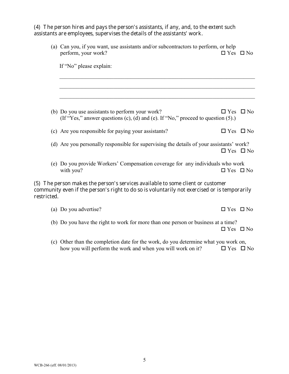 Form WCB-266 Application for Predetermination of Independent Contractor Status to Establish a Rebuttable Presumption - Maine, Page 5