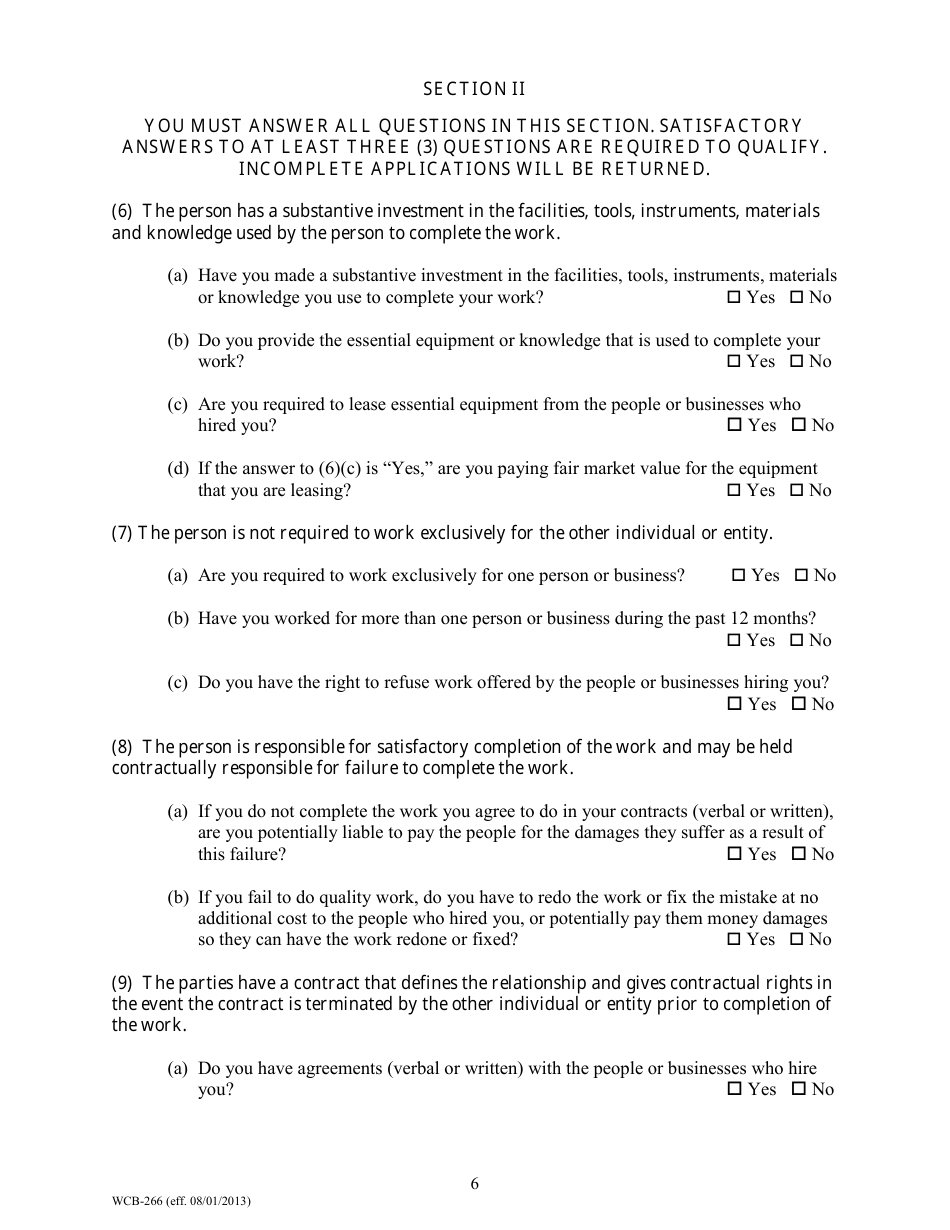 Form WCB-266 Application for Predetermination of Independent Contractor Status to Establish a Rebuttable Presumption - Maine, Page 6