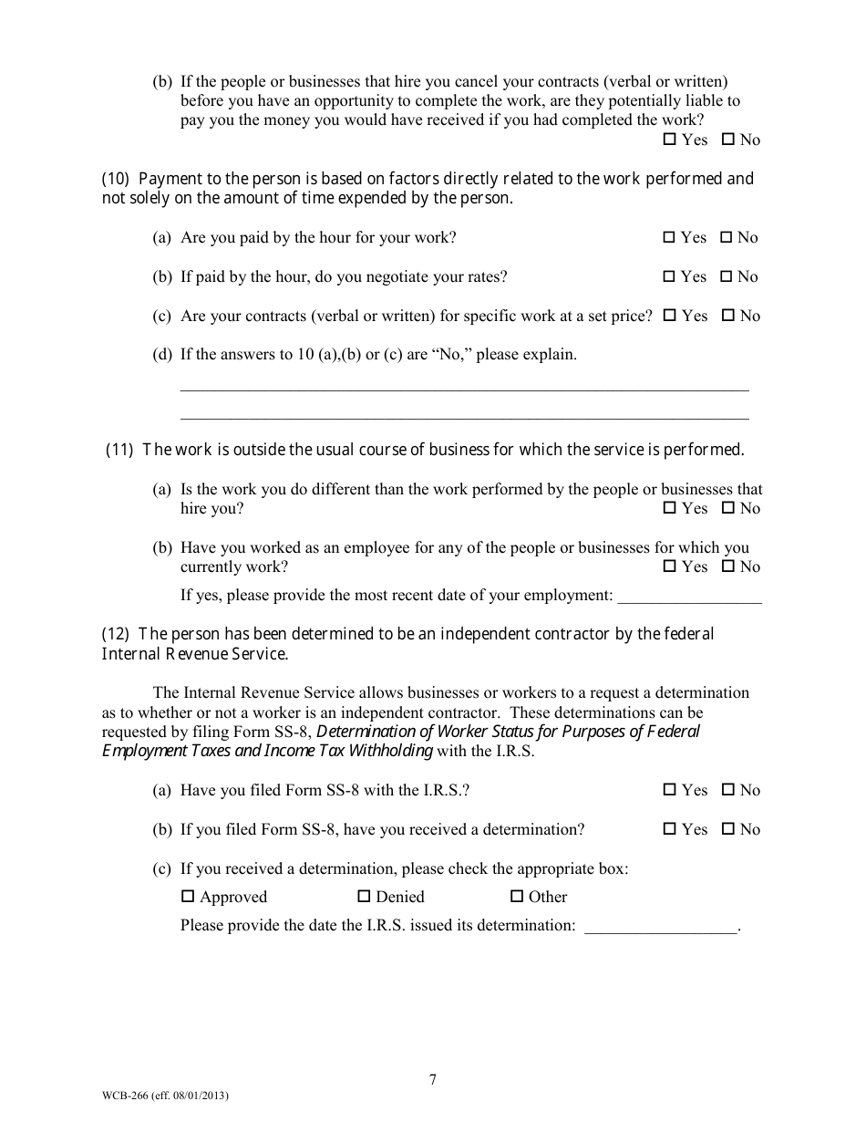 Form WCB-266 Application for Predetermination of Independent Contractor Status to Establish a Rebuttable Presumption - Maine, Page 7