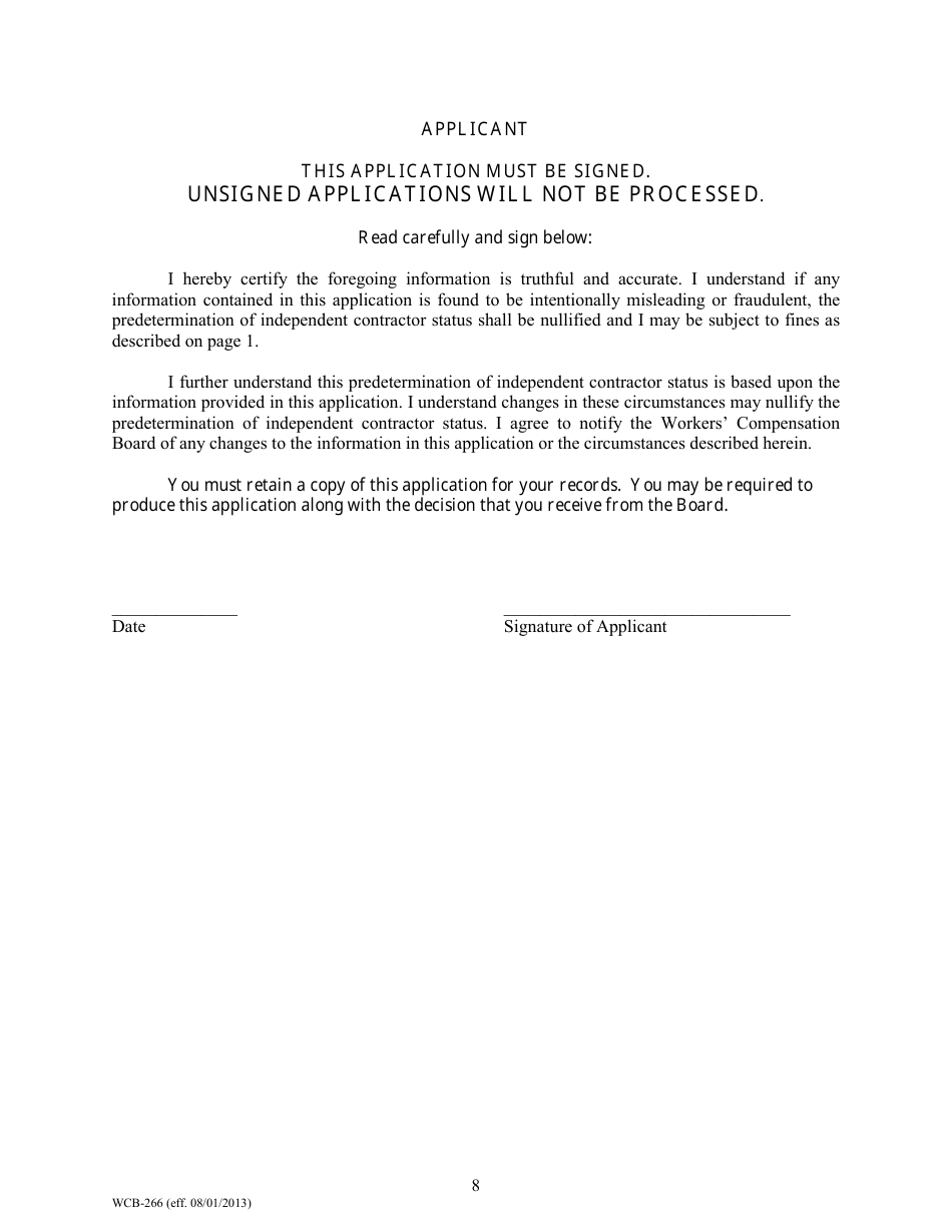 Form WCB-266 Application for Predetermination of Independent Contractor Status to Establish a Rebuttable Presumption - Maine, Page 8