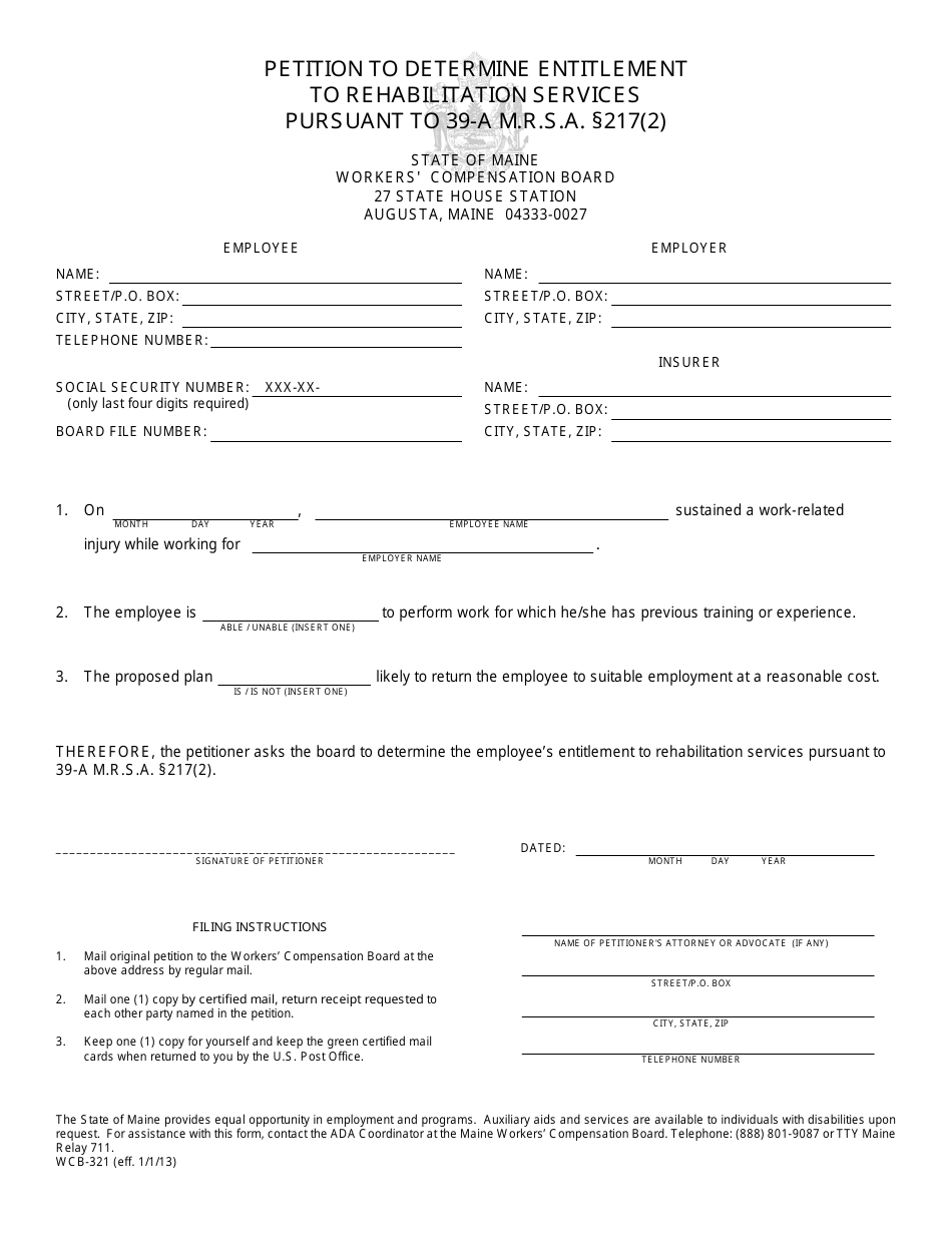 Form WCB-321 Petition to Determine Entitlement to Rehabilitation Services Pursuant to 39-a M.r.s.a. 217(2) - Maine, Page 1