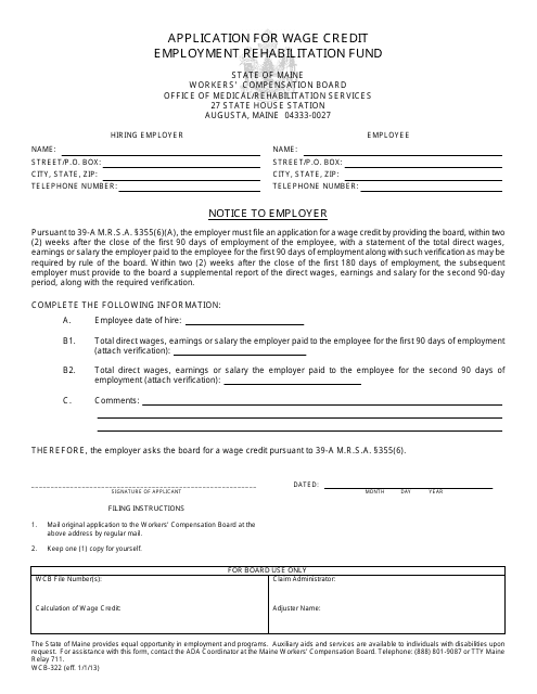 Form WCB-322 Application for Wage Credit Employment Rehabilitation Fund - Maine