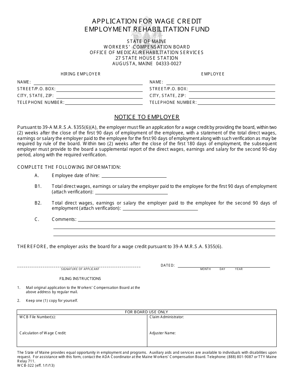 Form WCB-322 Application for Wage Credit Employment Rehabilitation Fund - Maine, Page 1