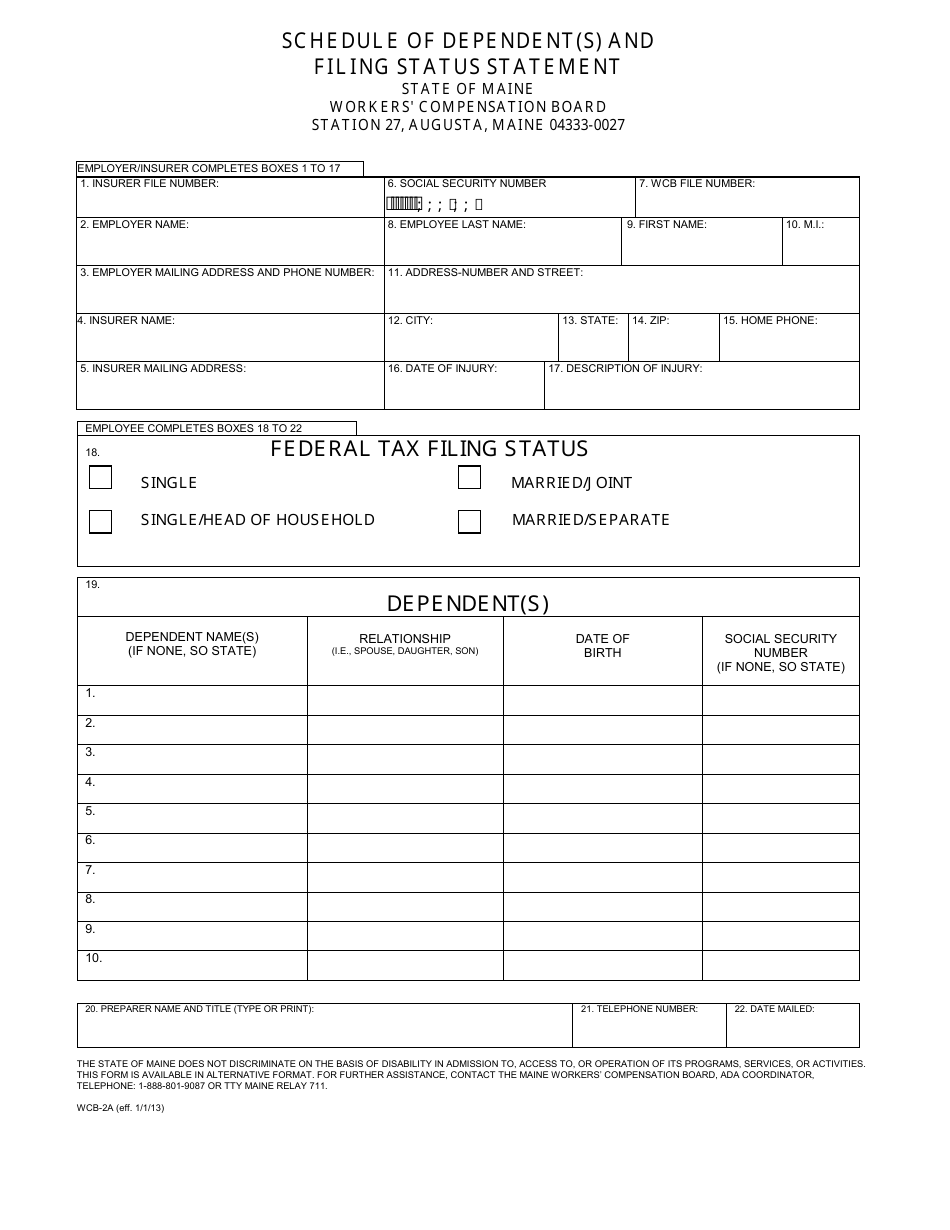 Form WCB-2A Schedule of Dependent(s) and Filing Status Statement - Maine, Page 1