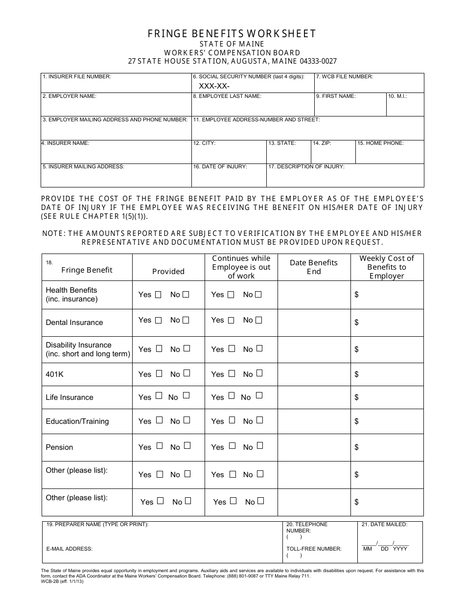 Form WCB-2B Fringe Benefits Worksheet - Maine, Page 1