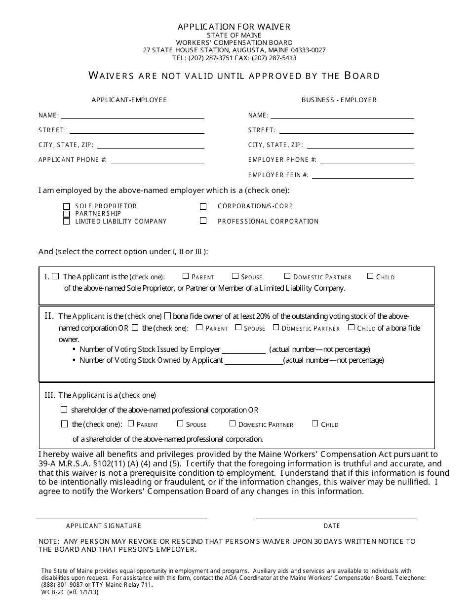 Form WCB-2C Application for Waiver - Maine, Page 1