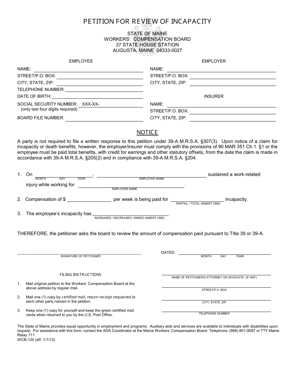 Incopacity Form Form WCB-120 - Fill Out, Sign Online and Download Fillable PDF, Maine ...