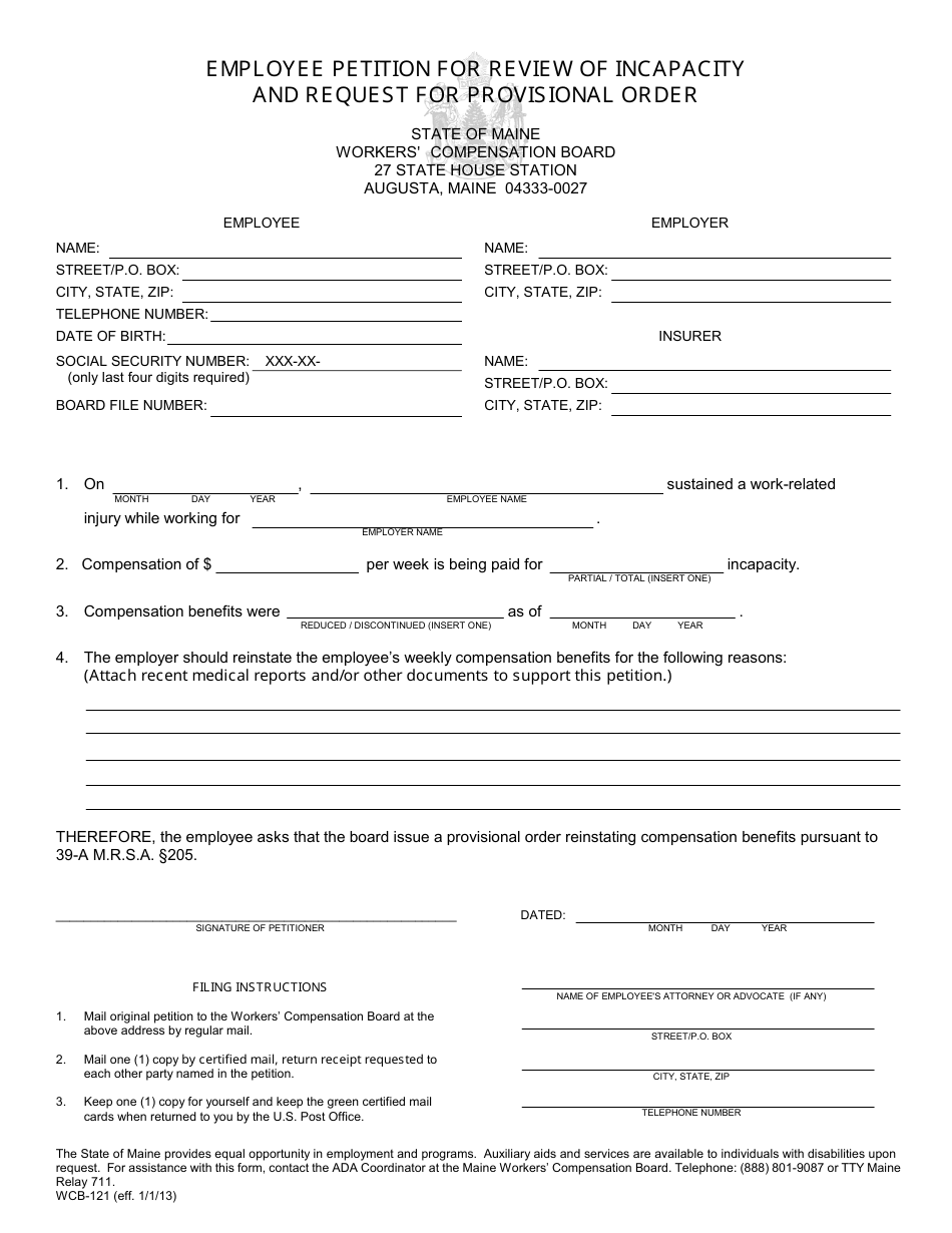 Form WCB-121 Employee Petition for Review of Incapacity and Request for Provisional Order - Maine, Page 1