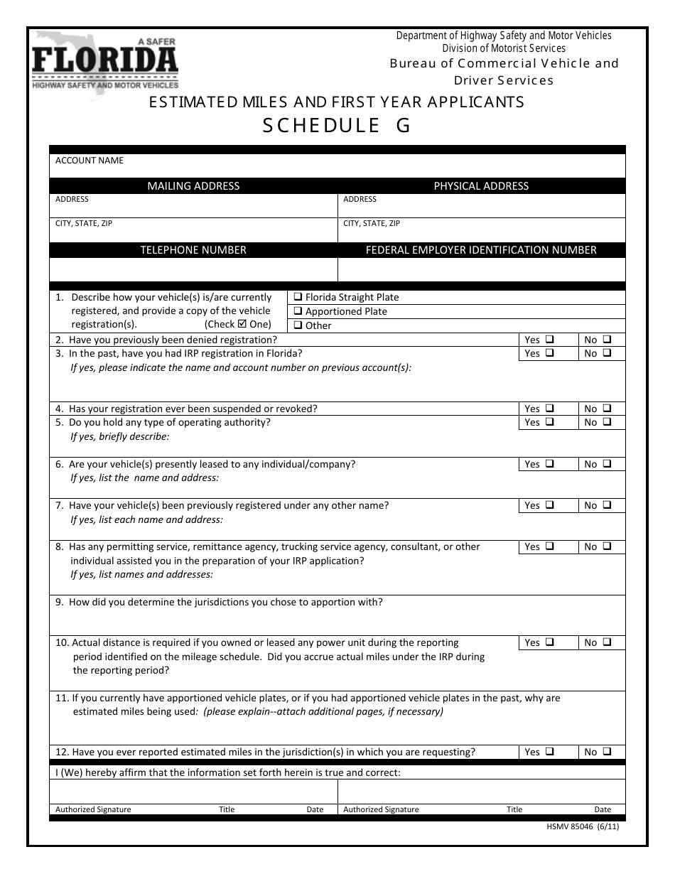 Form HSMV85046 Schedule G Estimated Miles and First Year Applicants - Florida, Page 1