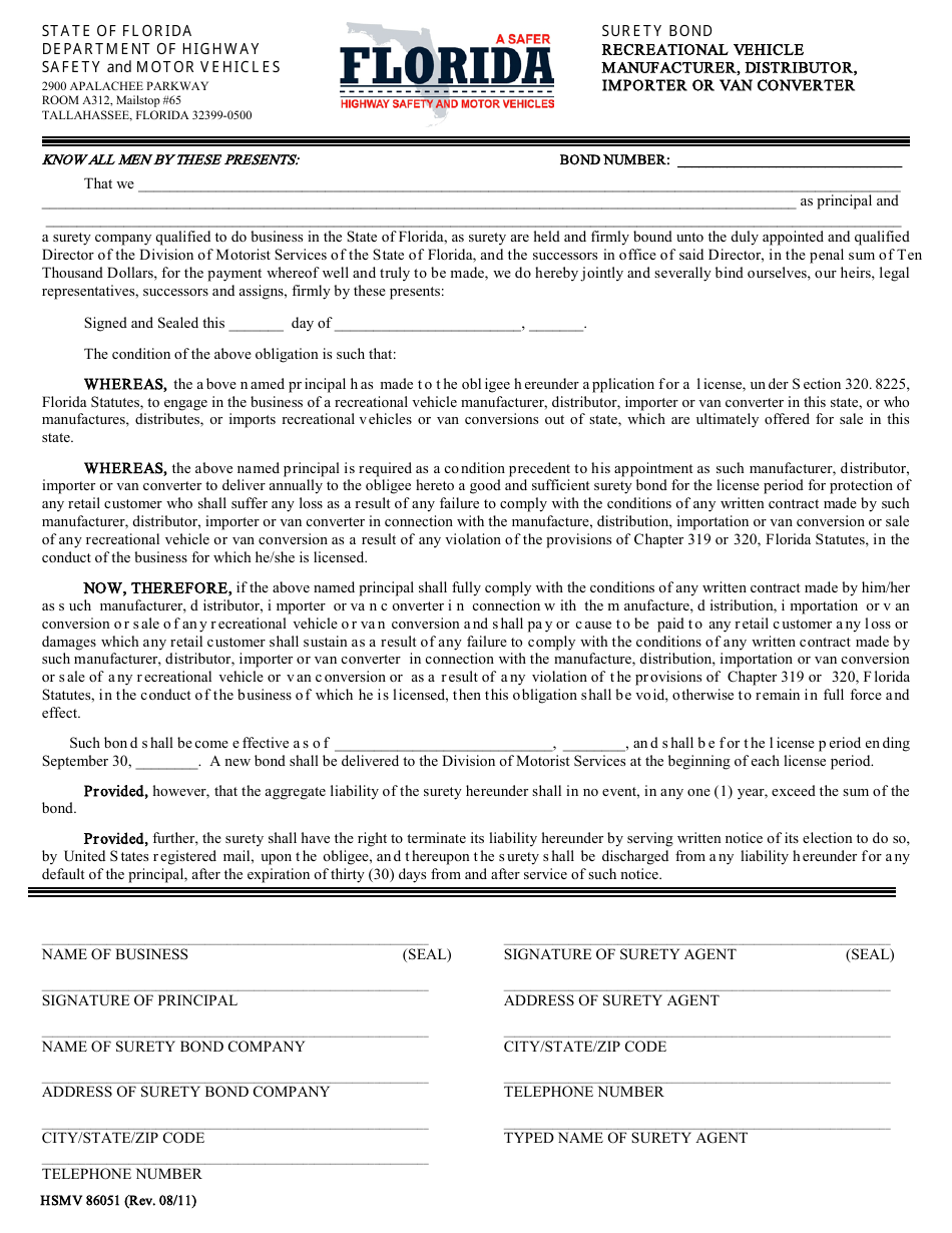 Form HSMV86051 Surety Bond Form for Recreational Vehicle Manufacturer, Distributor, Importer or Van Converter - Florida, Page 1