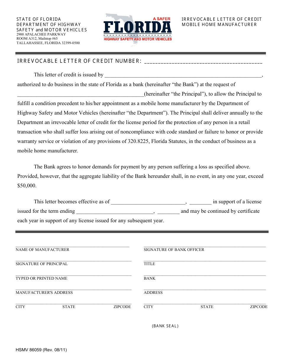 Form HSMV86059 Florida Mobile Home Manufacturer Irrevocable Letter of Credit - Florida, Page 1
