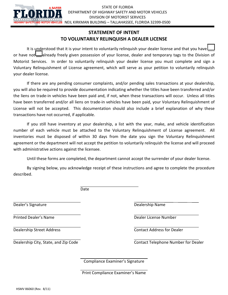 Form HSMV86060 Fill Out, Sign Online and Download Fillable PDF