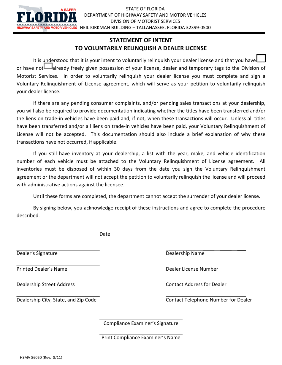 Form HSMV86060 Statement of Intent to Voluntarily Relinquish a Dealer License - Florida, Page 1
