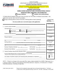 Form HSMV86218 Renewal Application for a Mobile Home Manufacturer or Recreational Vehicle Manufacturer, Importer, or Distributor - Florida