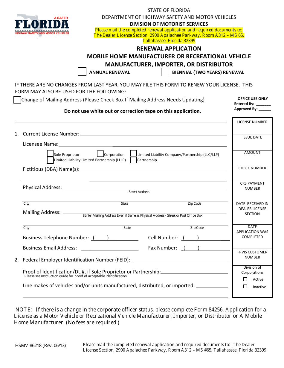 Form HSMV86218 Renewal Application for a Mobile Home Manufacturer or Recreational Vehicle Manufacturer, Importer, or Distributor - Florida, Page 1