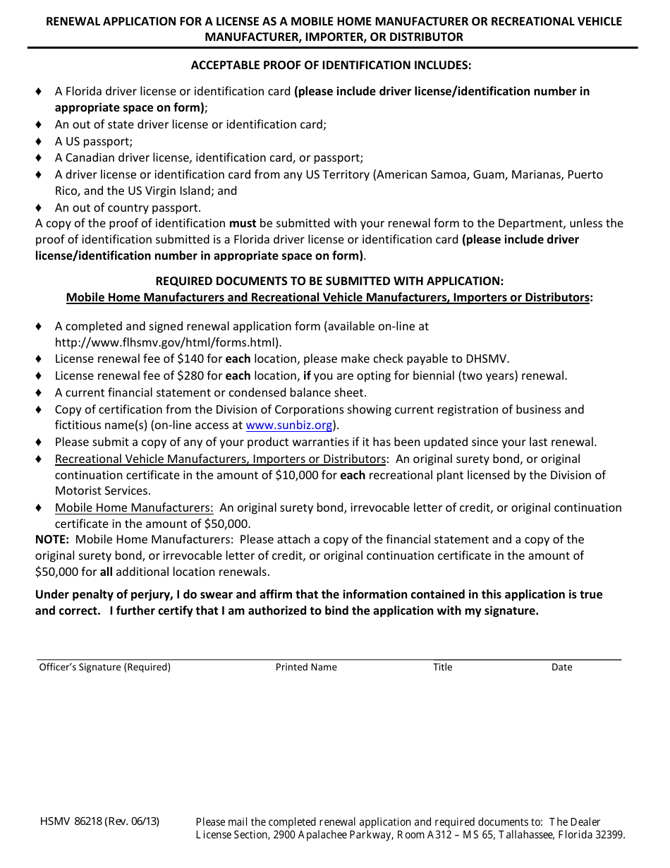 Form HSMV86218 Renewal Application for a Mobile Home Manufacturer or Recreational Vehicle Manufacturer, Importer, or Distributor - Florida, Page 2