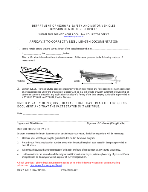 Form HSMV87017 Affidavit to Correct Vessel Length Documentation - Florida