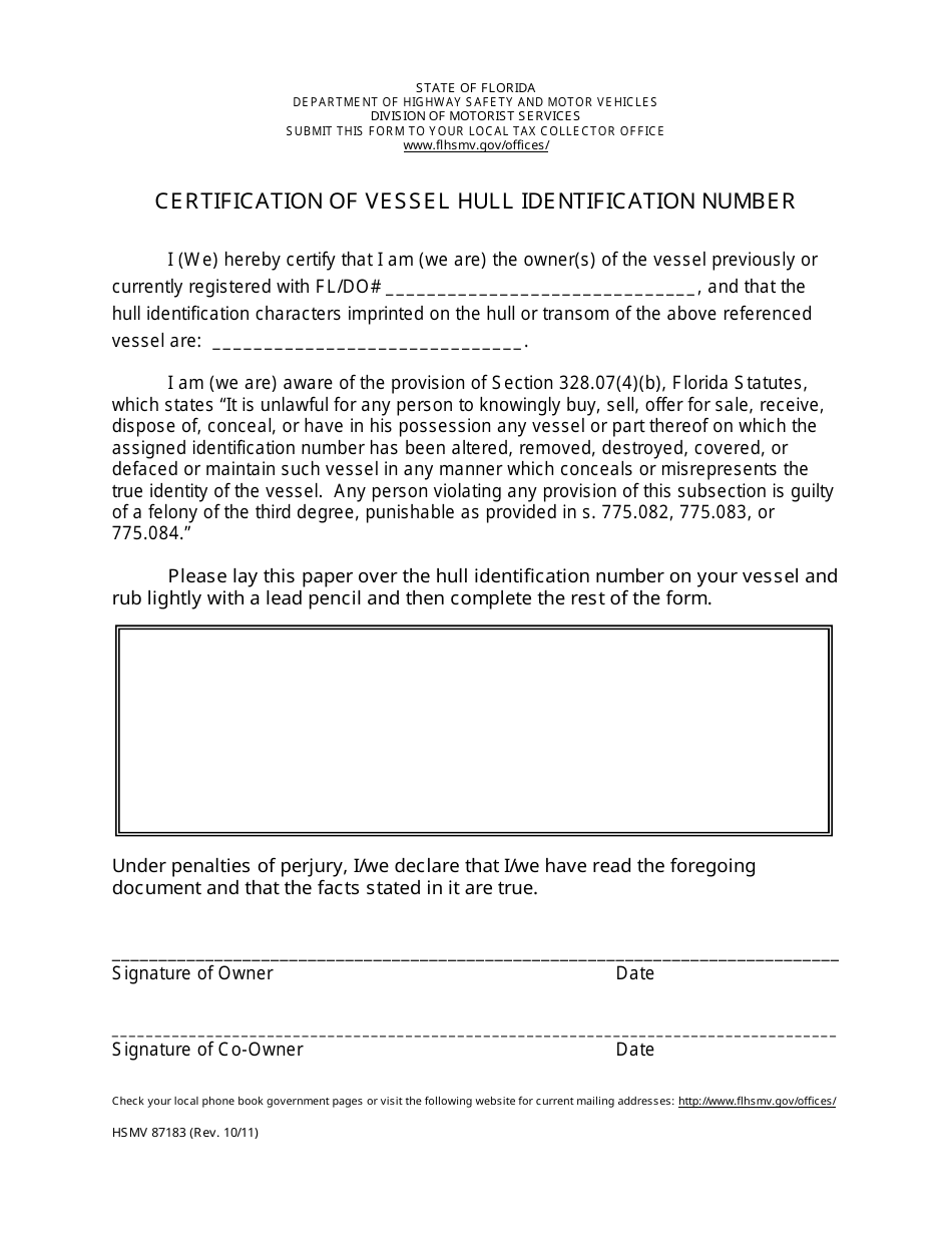 Form HSMV87183 Certification of Vessel Hull Identification Number - Florida, Page 1