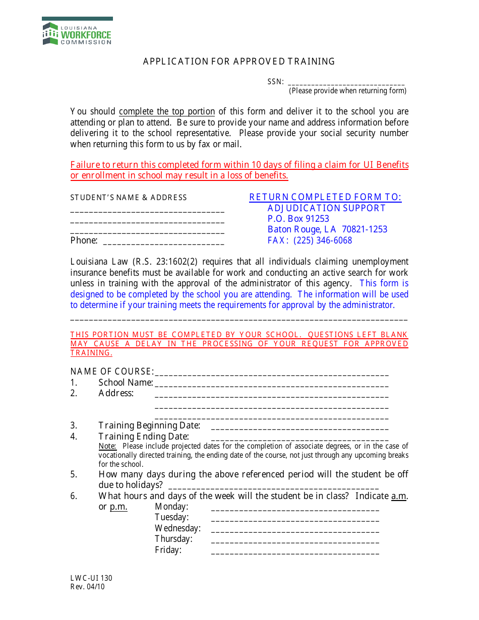 Form LWC-UI130 Application for Approved Training - Louisiana, Page 1