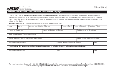 Form VR-102 &quot;Address Certification - United States Government Employe&quot; - Maryland