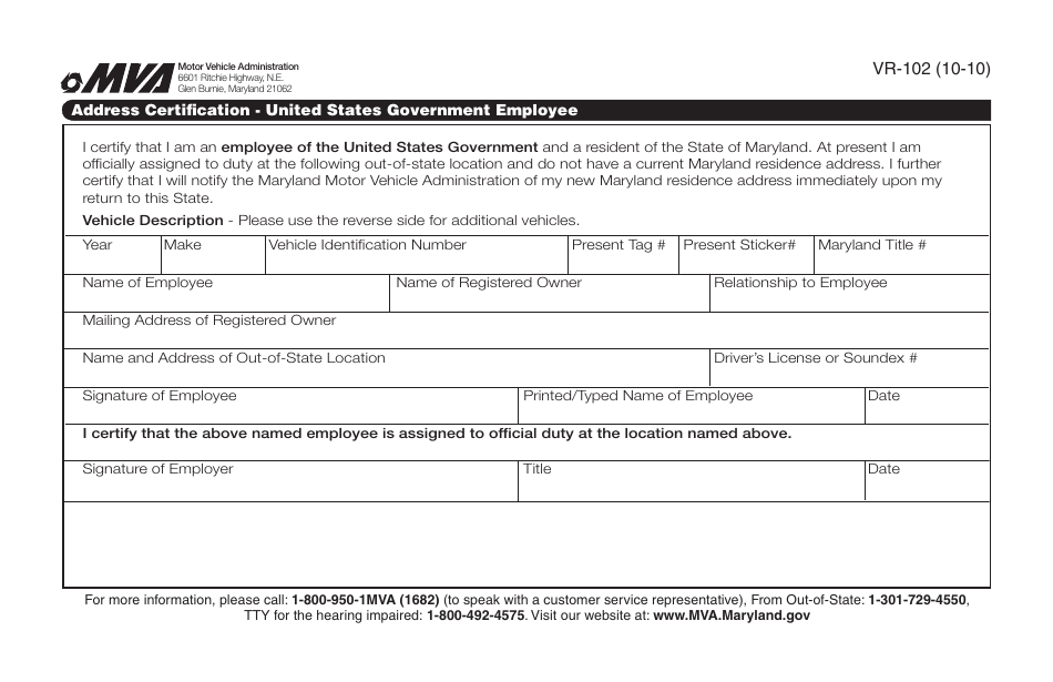 Form VR-102 Address Certification - United States Government Employe - Maryland, Page 1