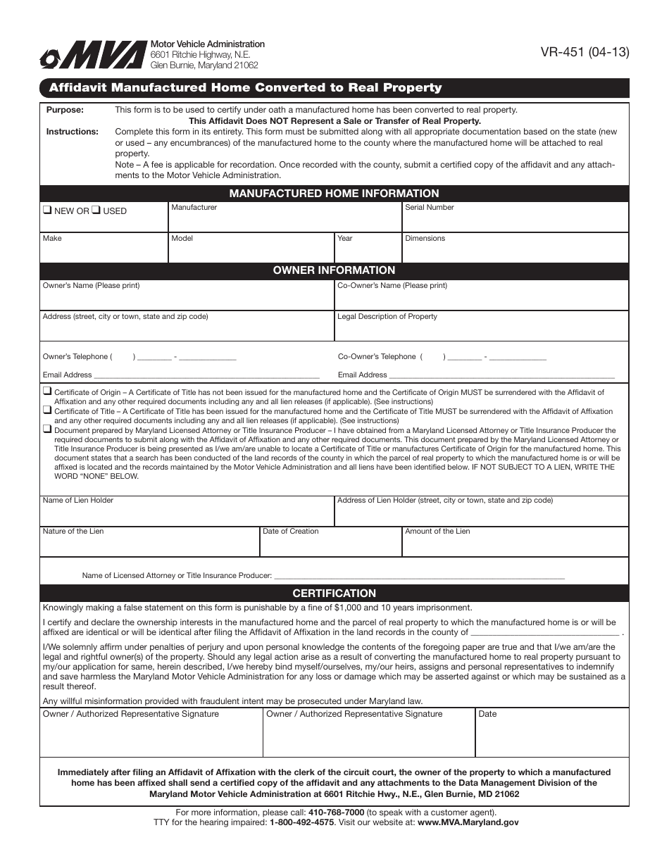 Form VR-451 Affidavit Manufactured Home Converted to Real Property - Maryland, Page 1