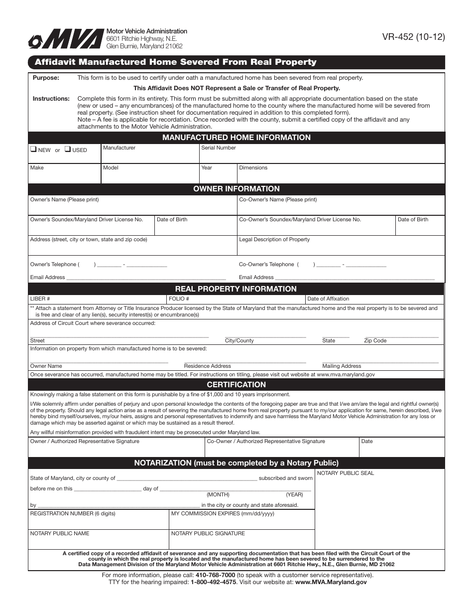 Form VR-452 Affidavit Manufactured Home Severed From Real Property - Maryland, Page 1