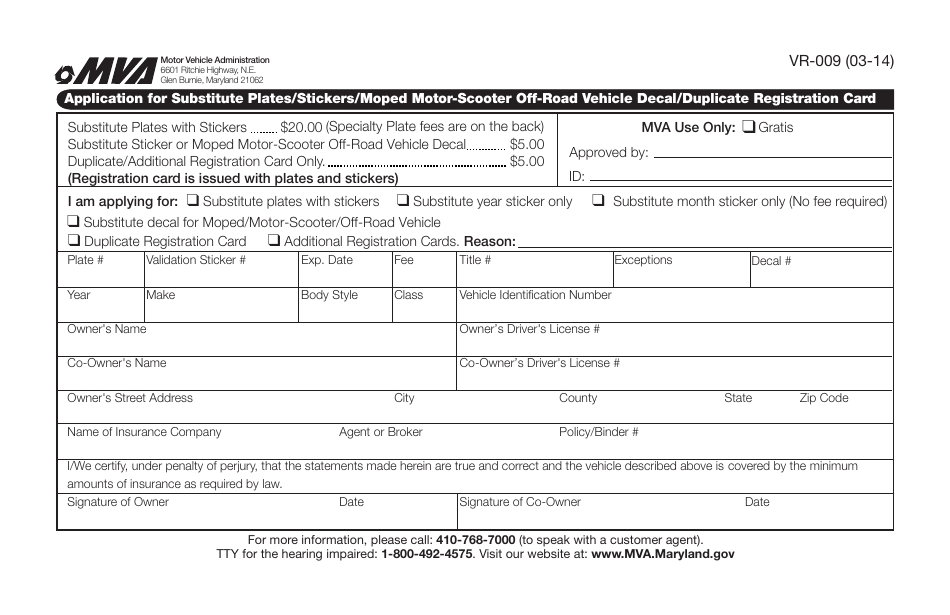 Form VR-009 Application for Substitute Plates / Stickers / Moped Motor-Scooter off-Road Vehicle Decal / Duplicate Registration Card - Maryland, Page 1