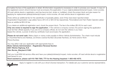 Form VR-009 Application for Substitute Plates/Stickers/Moped Motor-Scooter off-Road Vehicle Decal/Duplicate Registration Card - Maryland, Page 2