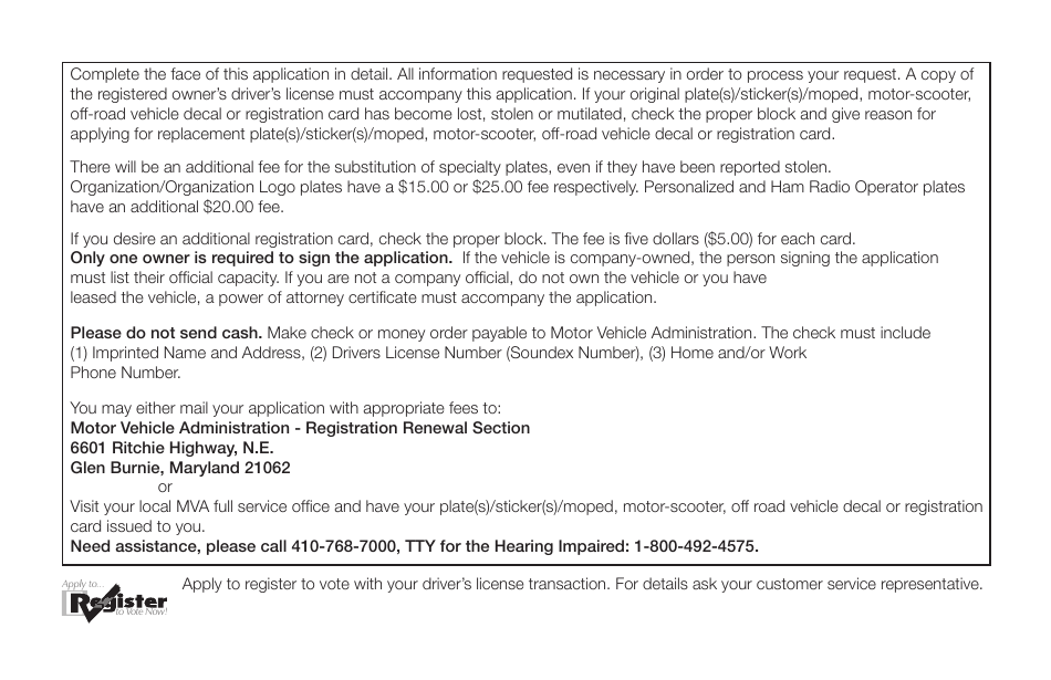 Form VR-009 Application for Substitute Plates / Stickers / Moped Motor-Scooter off-Road Vehicle Decal / Duplicate Registration Card - Maryland, Page 2