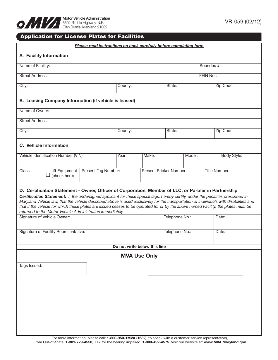 Form VR-059 Application for License Plates for Facilities - Maryland, Page 1