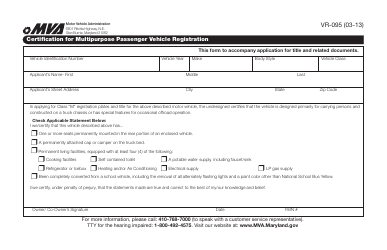 Document preview: Form VR-095 Certification for Multipurpose Passenger Vehicle Registration - Maryland