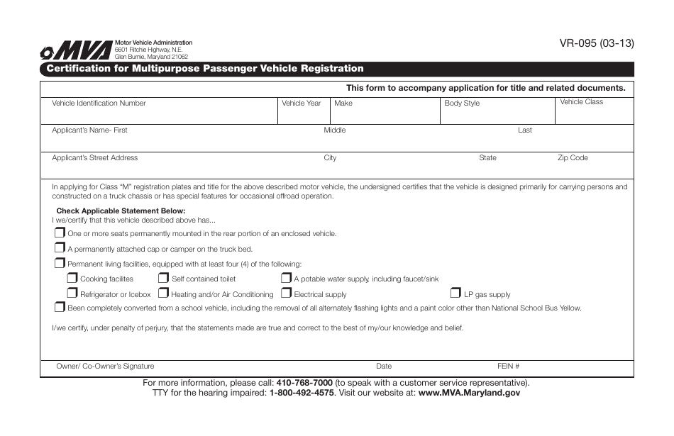 Form VR-095 Certification for Multipurpose Passenger Vehicle Registration - Maryland, Page 1