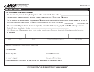 Document preview: Form VR-294 Tow Truck Certification - Maryland