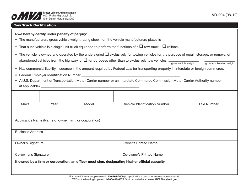 Form VR-294 Tow Truck Certification - Maryland, Page 1